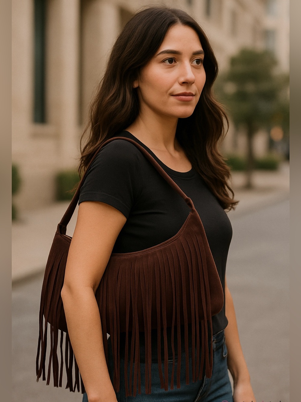 Haute Hippie Dark Brown Suede Fringe Shoulder Hobo Bag Boho Festival Western - Picture 3 of 8